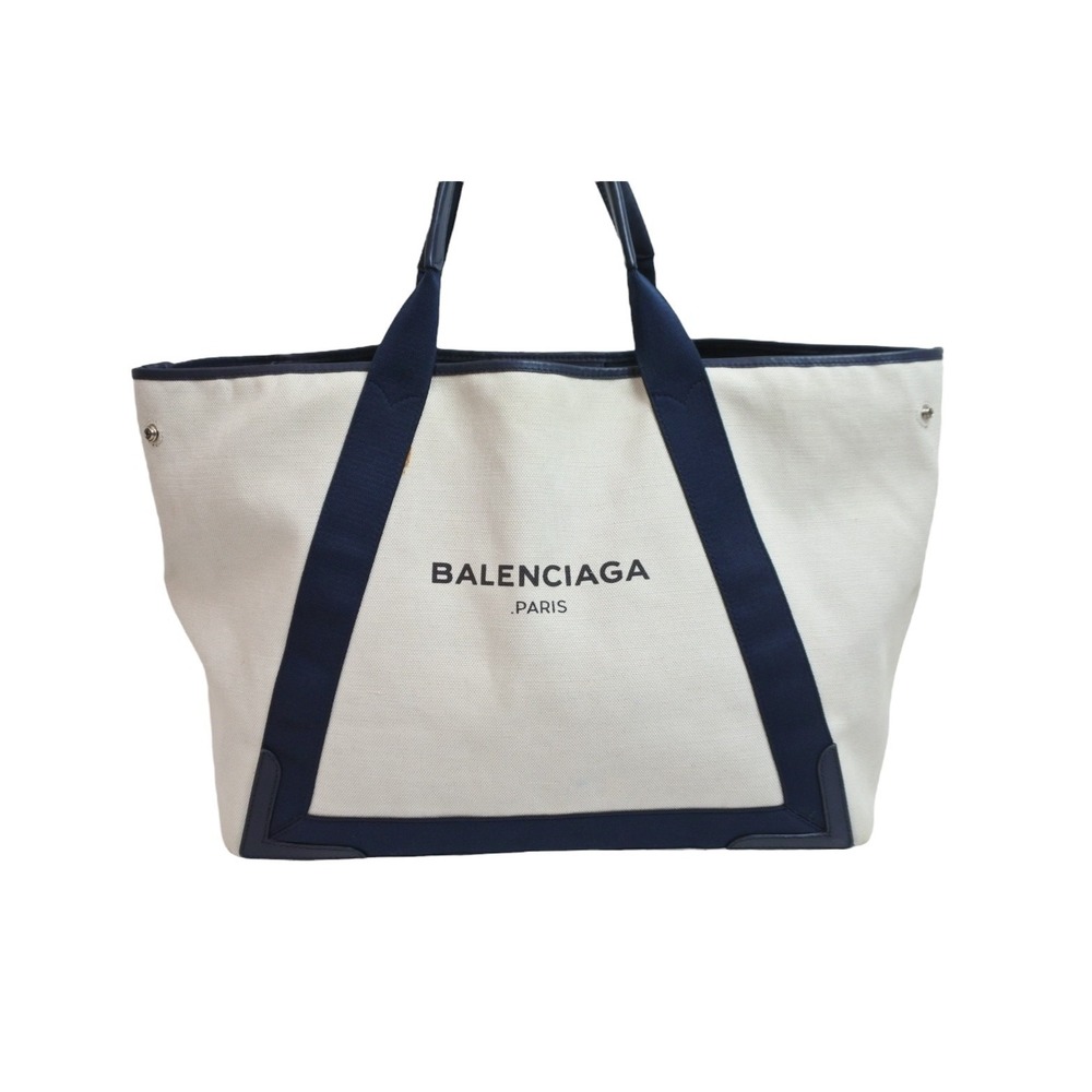 Balenciaga Bag Leather Blue Canvas Cabas Navy Tan Beige Tote - Picture 1 of 9